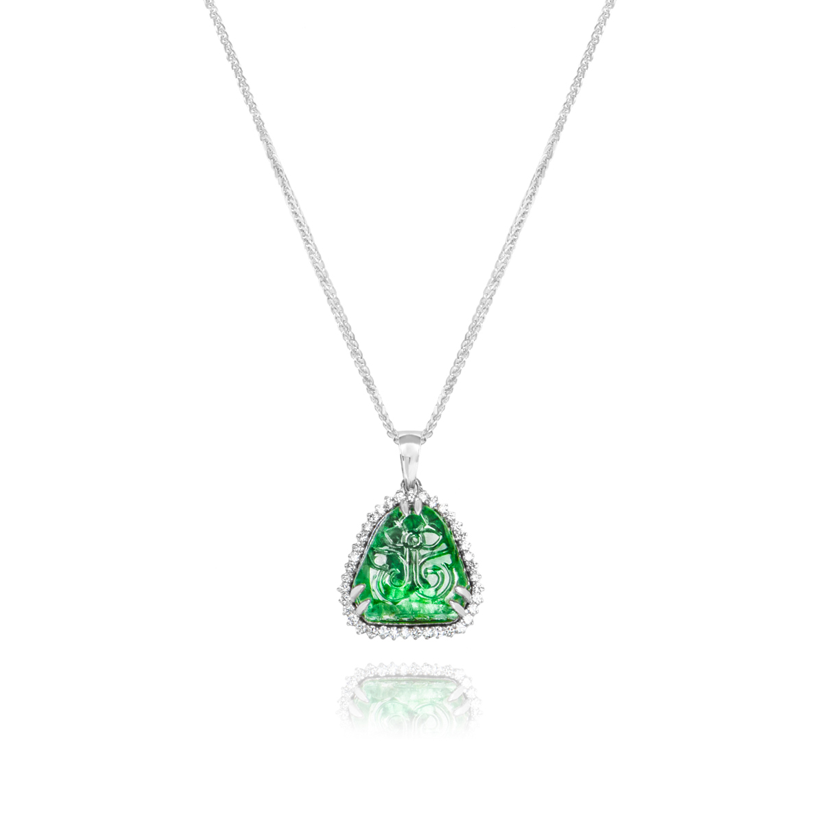 White Gold Carved Emerald & Diamond Pendant 12.25ct